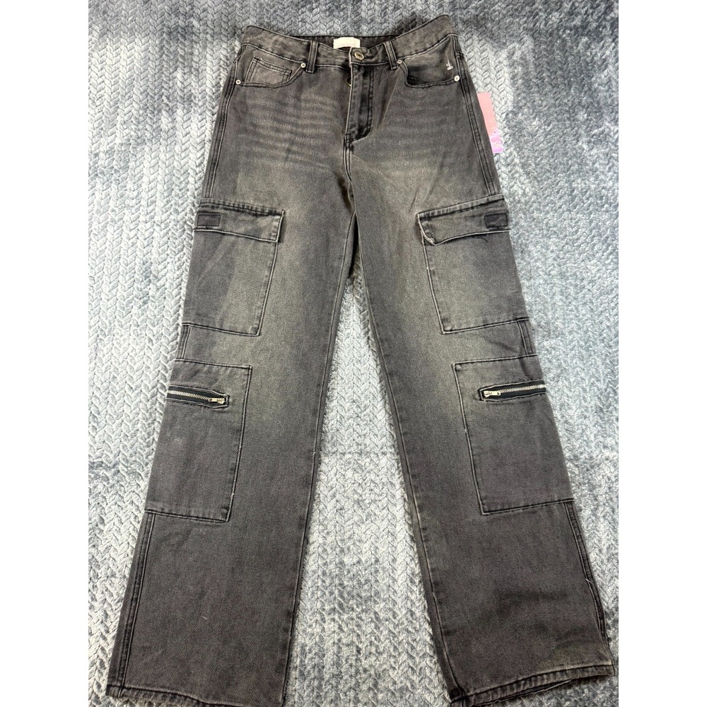 Lilac Sunset Wide Leg Jeans Womens 9/10 Gray Cotton High Rise Cargo Multi Pocket